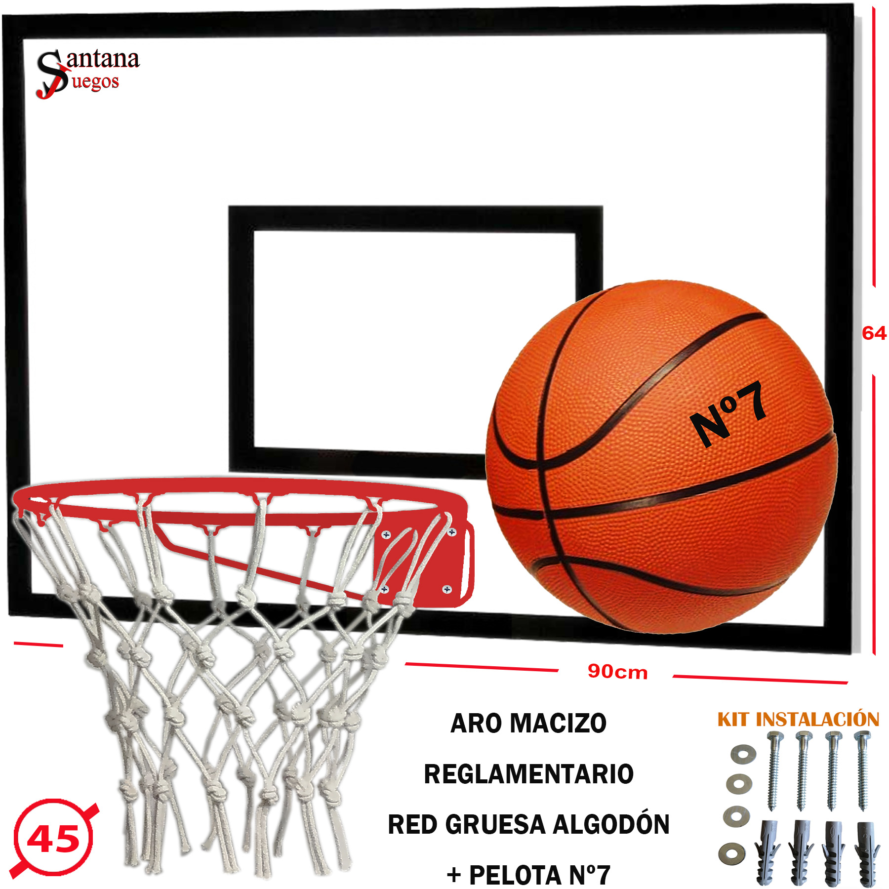 Tablero Basketball + Aro Macizo + Red Premium + Pelota Nº7