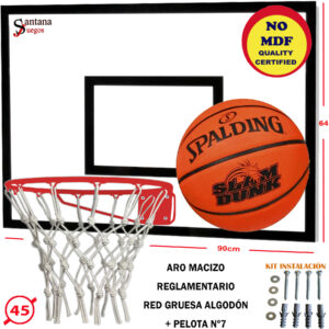 Tablero Basketball Aro Macizo 45cm + Red Premium + Pelota SPALDING