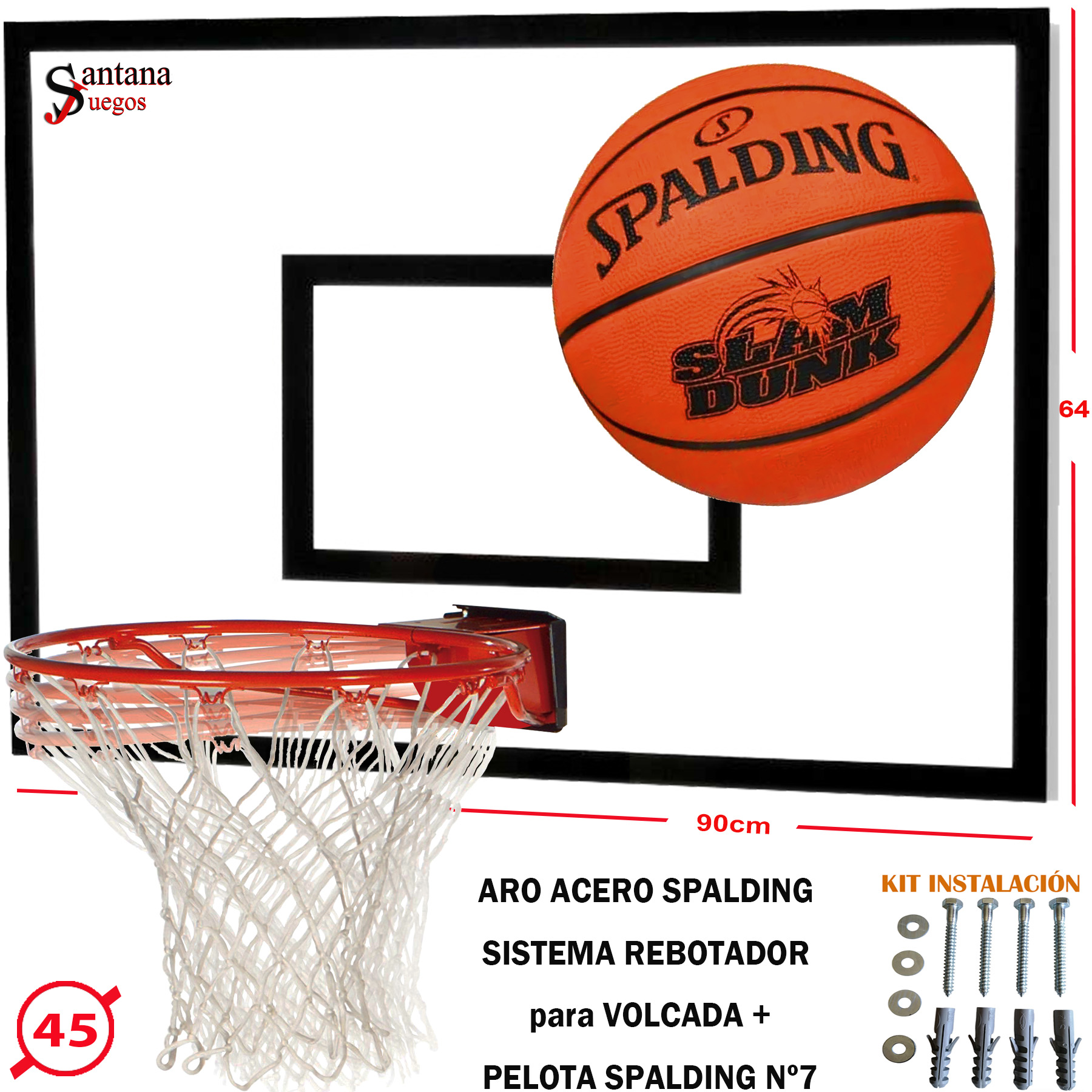 Tablero Basketball + Aro SPALDING 45cm con rebotador + Red + Pelota SPALDING